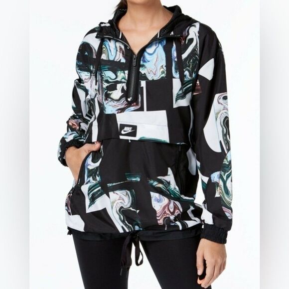 Nike Women's Black/Multi Marble-Print Half-Zip Hooded Jacket Sz M - Picture 9 of 13